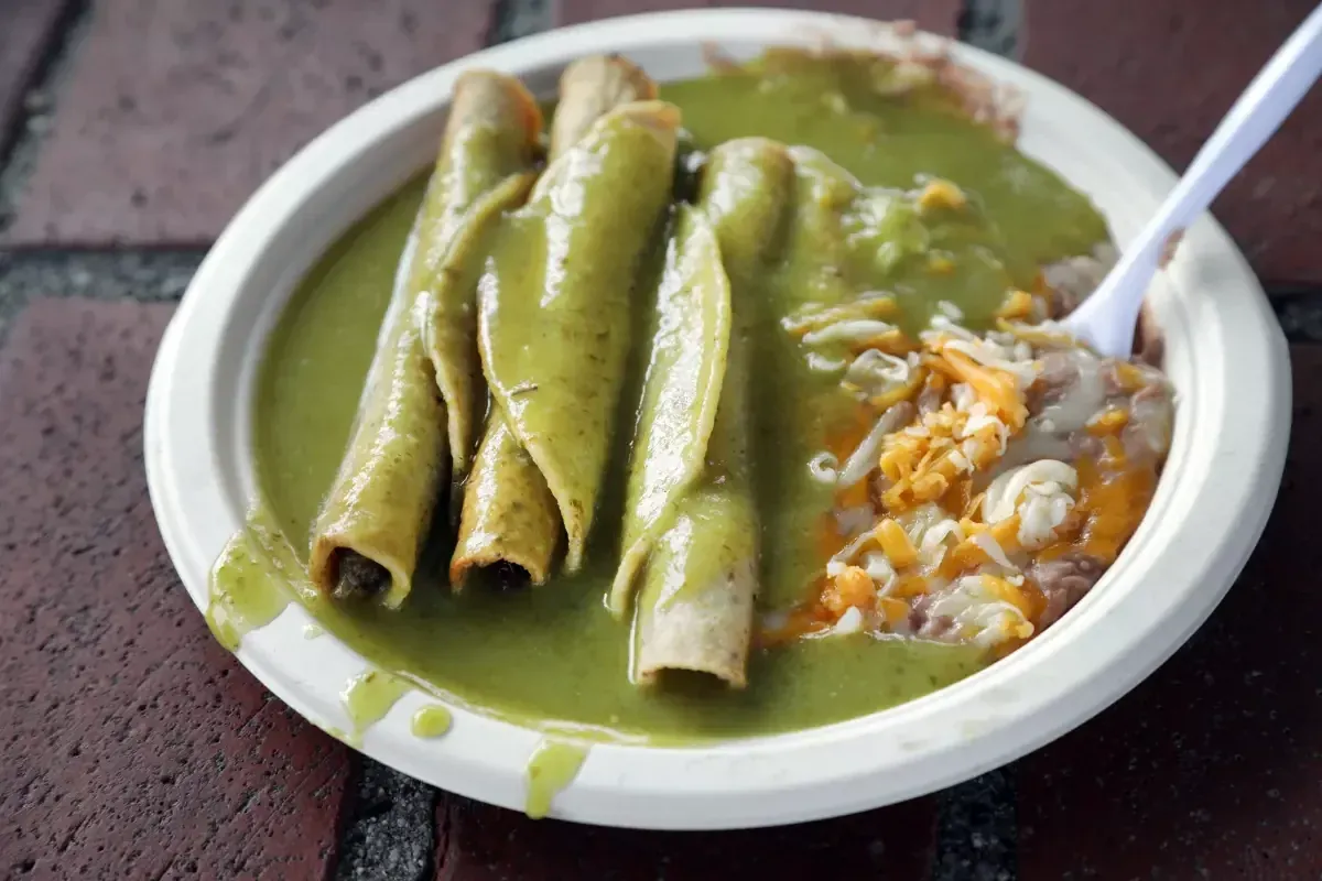 Cielito Lindo beef taquitos with avocado sauce