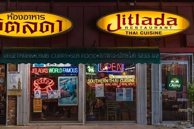Jitlada's yellow sign on Sunset Boulevard