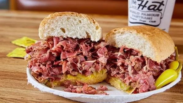 World-famous pastrami dip sandwich from The Hat